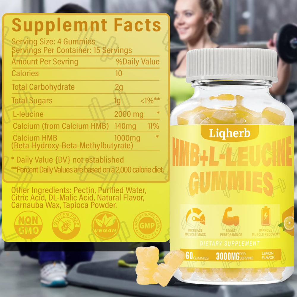Liqherb HMB and Leucine Gummies on a gym bag surface suggesting portable training support