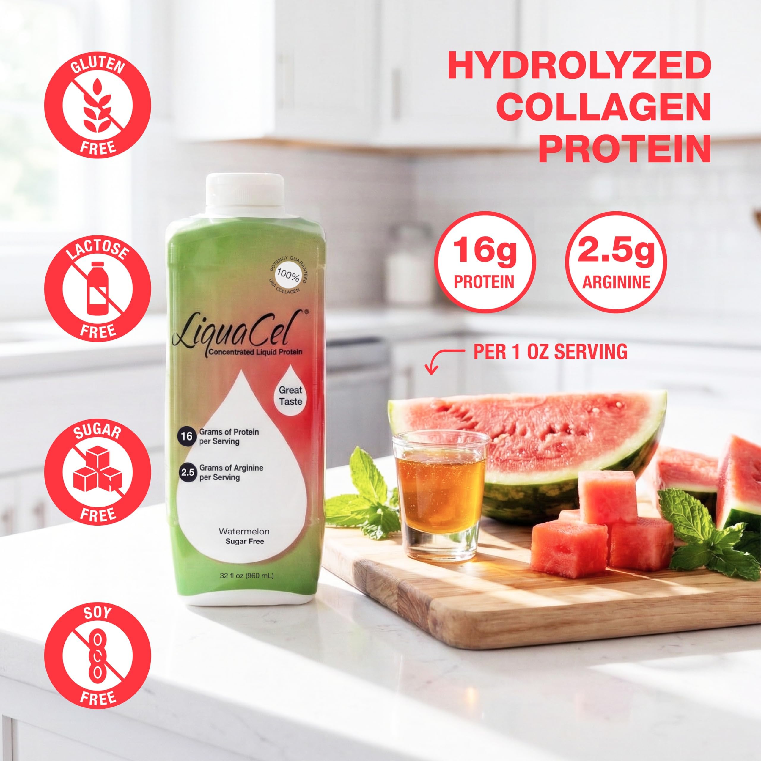 LiquaCel collagen peptides close-up shows essential amino acids for daily protein goals.