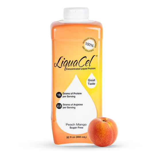 LiquaCel peach mango bottle showing 16g protein per ounce.