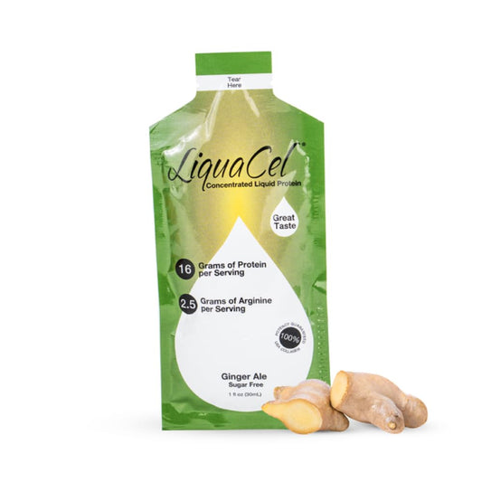LiquaCel Ginger Ale packet close-up shows a portable protein option.