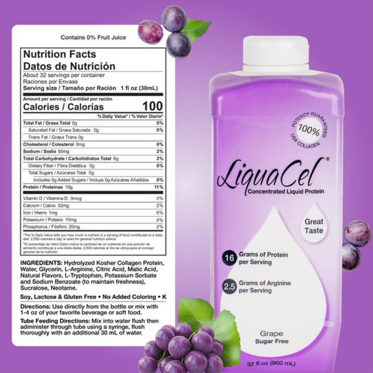 LiquaCel grape being poured for a quick protein boost