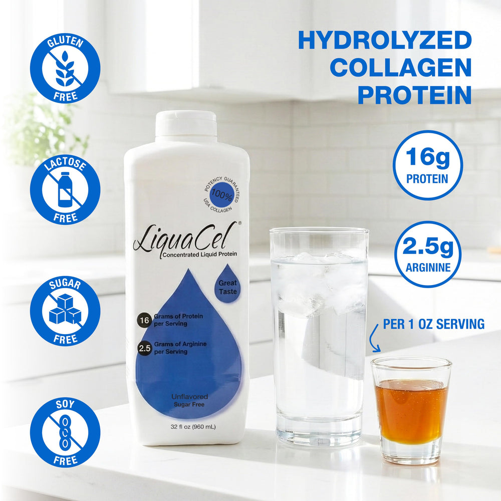 LiquaCel peach mango bottle shown as a flavorful option for easy protein