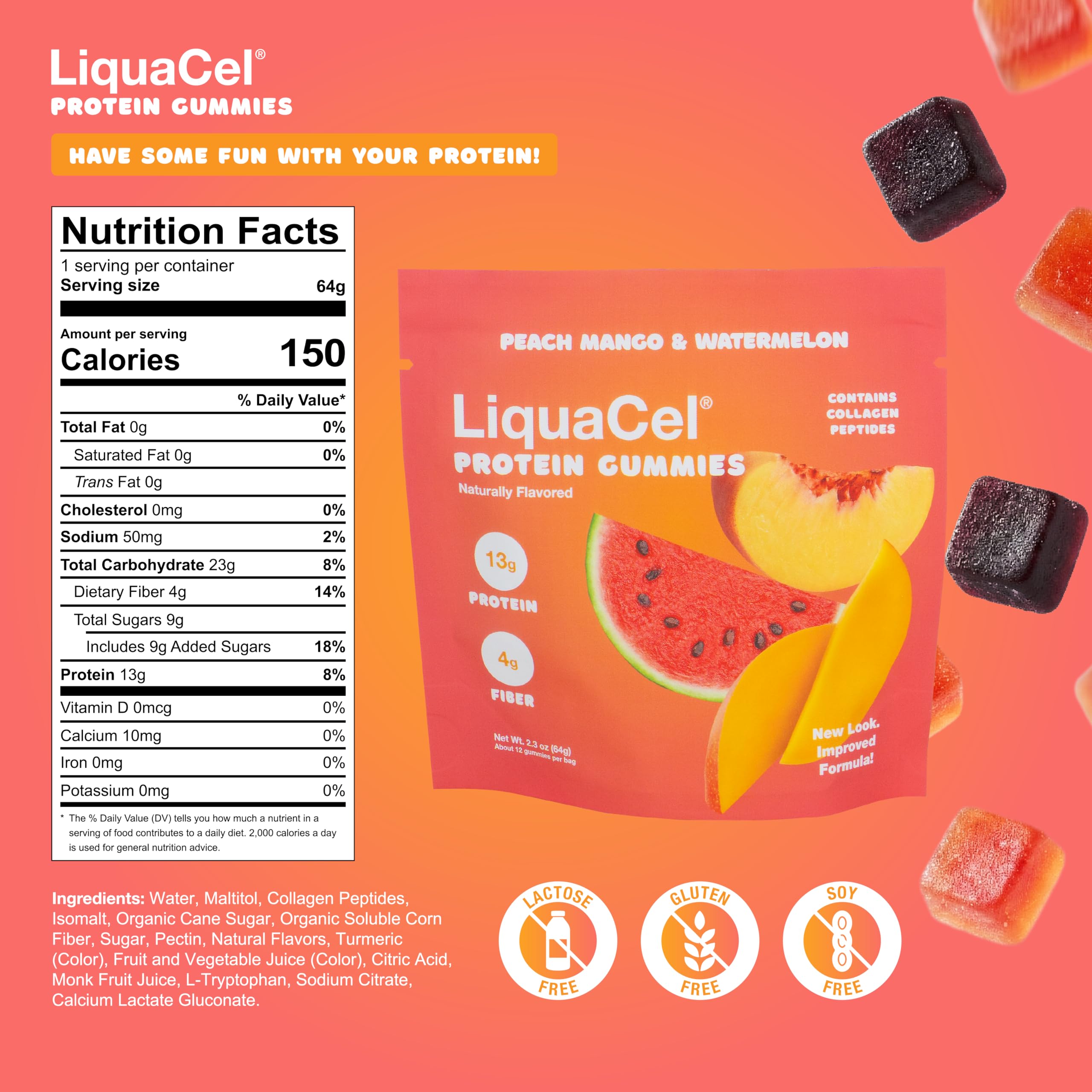 LiquaCel Protein Gummies 64g bag packaging, portable and ready to enjoy.