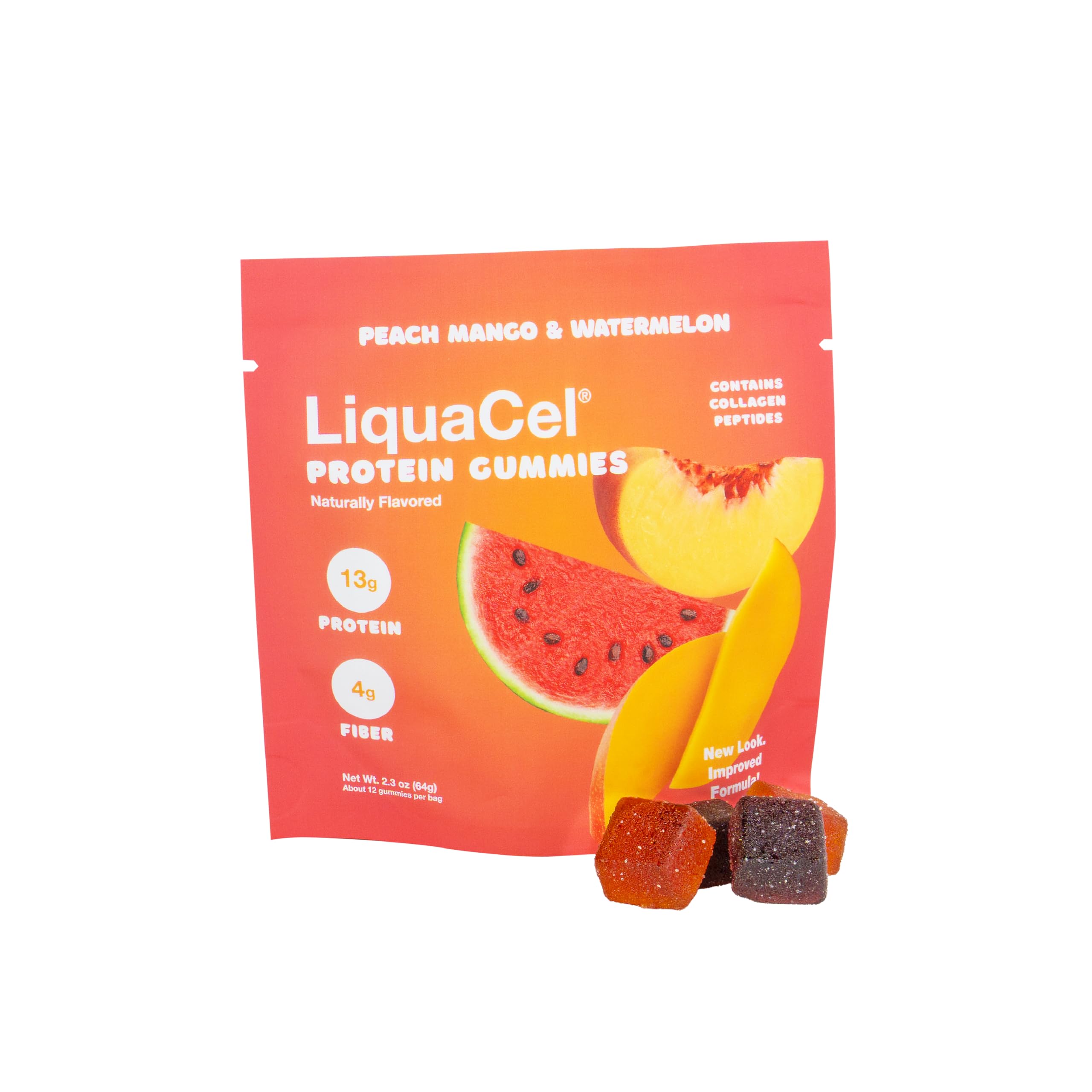 LiquaCel Watermelon Peach Mango gummies show bold flavor for on-the-go nutrition.