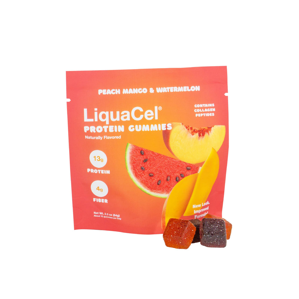 LiquaCel Watermelon Peach Mango gummies show bold flavor for on-the-go nutrition.