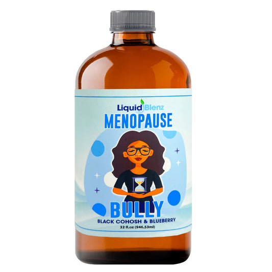LIQUID BLENZ Menopause Bully bottle pour demonstrates easy, mess-free dosing for daily support.