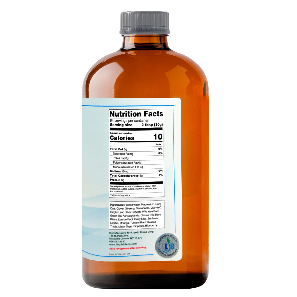 LIQUID BLENZ Menopause Bully bottle top helps preserve potency and travel-ready use.