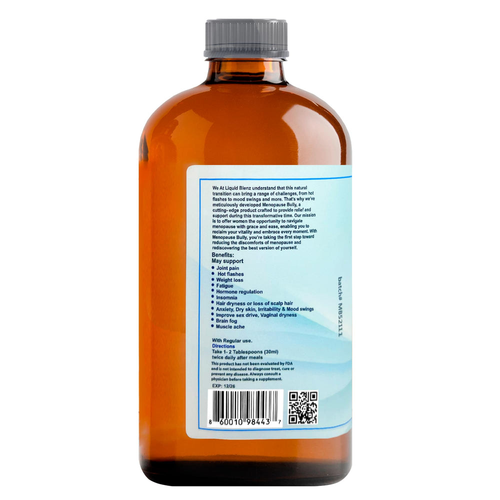 LIQUID BLENZ Menopause Bully label design communicates ingredients and benefits clearly.