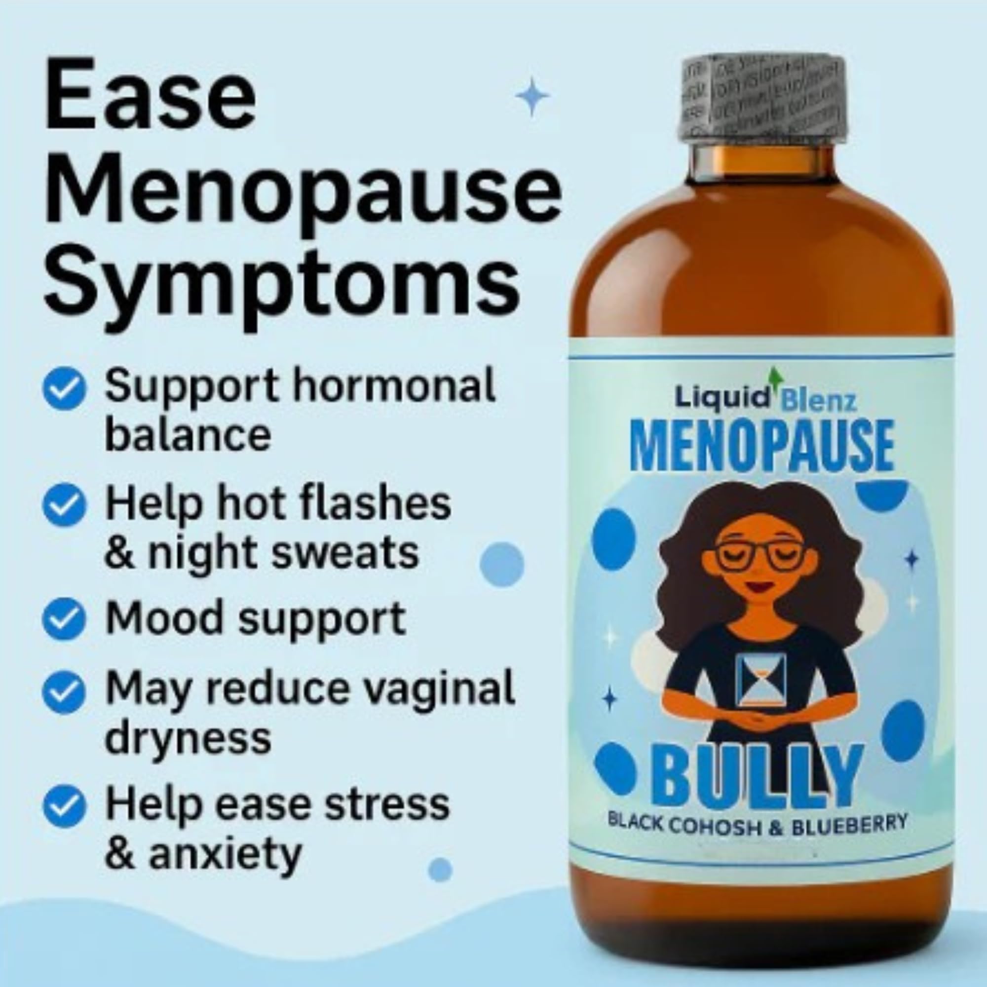 LIQUID BLENZ Menopause Bully liquid texture appears smooth and easy to mix.