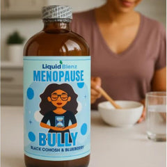 LIQUID BLENZ Menopause Bully packaging box conveys USA-made quality.