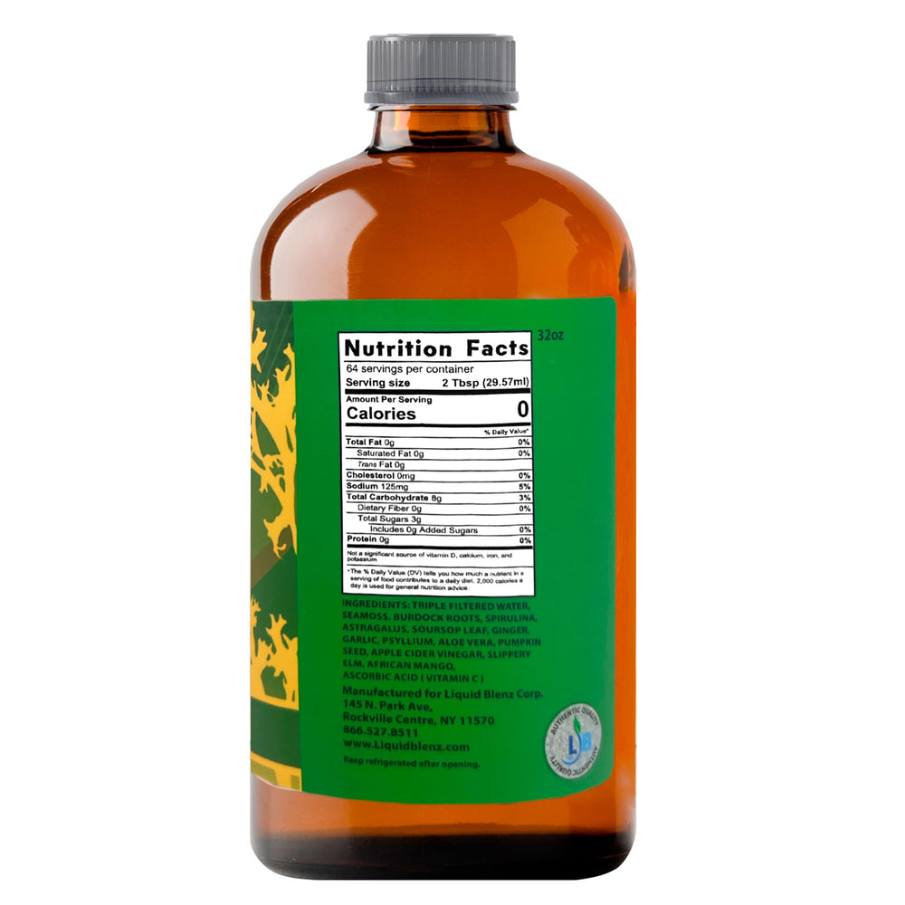 LIQUID BLENZ Sea Moss Tonic label close-up highlighting natural herbal blend