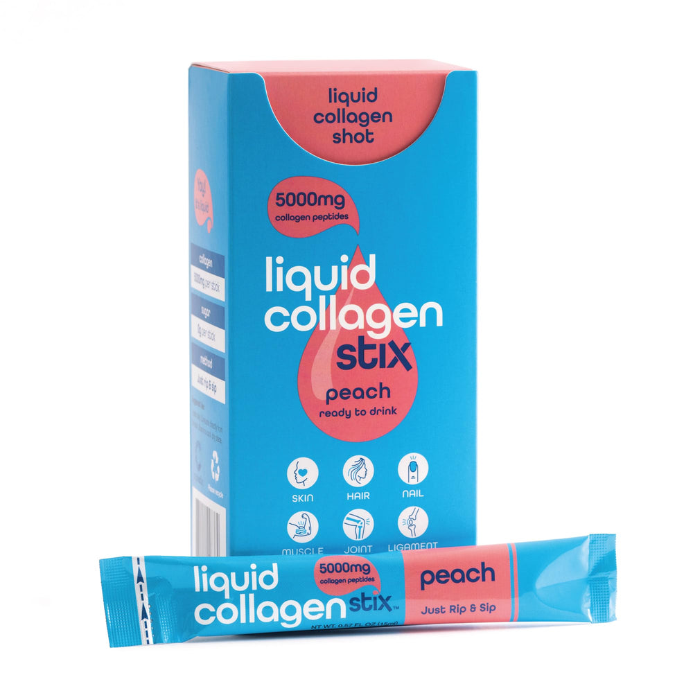 Liquid Collagen Stix bottle with peach label for on-the-go skin support