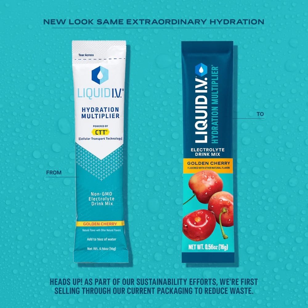 Liquid I.V. Golden Cherry in a glass with ice delivers refreshing hydration.