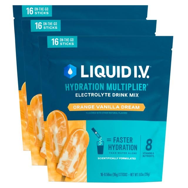 Liquid I.V. Hydration Multiplier orange-vanilla packet ready to mix for rapid hydration