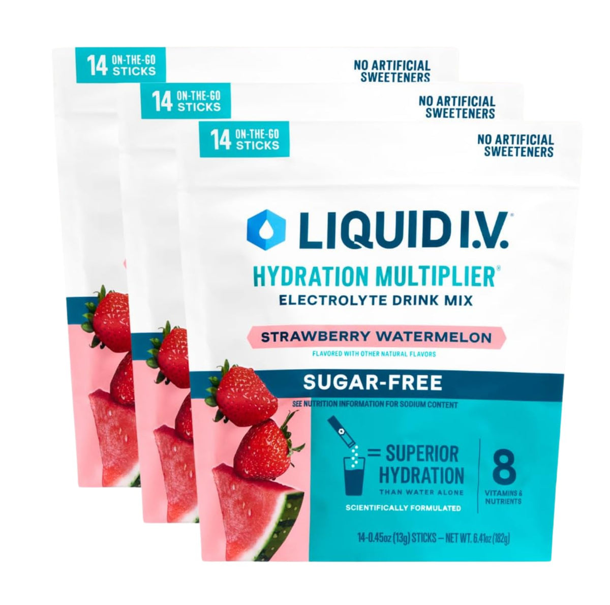 Liquid I.V. Hydration Multiplier Sugar Free Strawberry Watermelon packet ready to mix for quick hydration