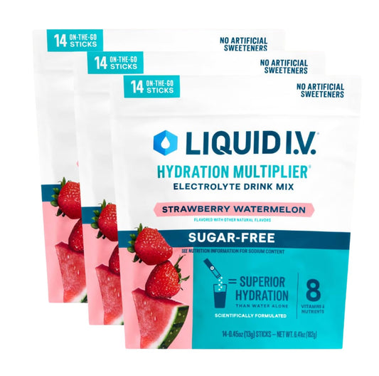 Liquid I.V. Hydration Multiplier Sugar Free Strawberry Watermelon packet ready to mix for quick hydration