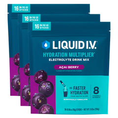 Liquid I.V. Hydration Multiplier Acai Berry packaging shows a 3-pack for on-the-go hydration.
