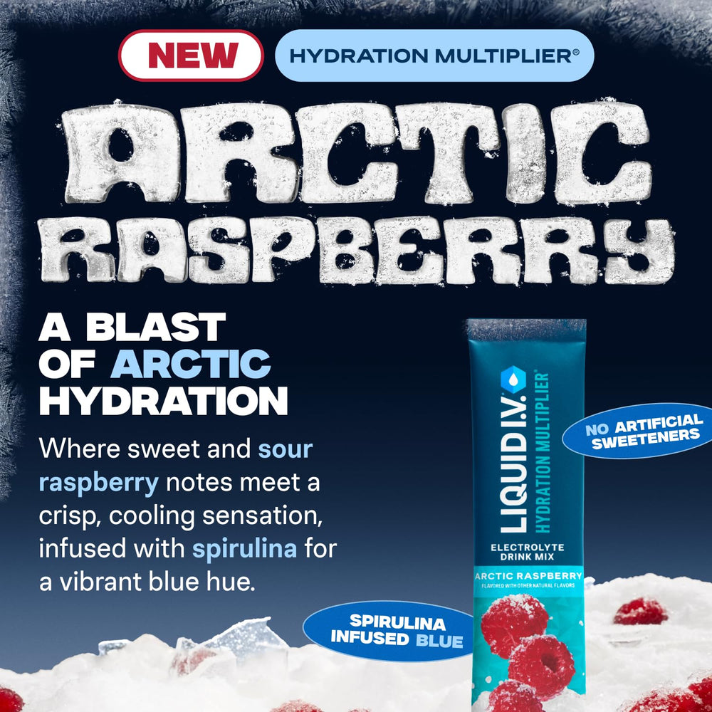 Liquid I.V. Hydration Multiplier Arctic Raspberry three-pack display for workout hydration
