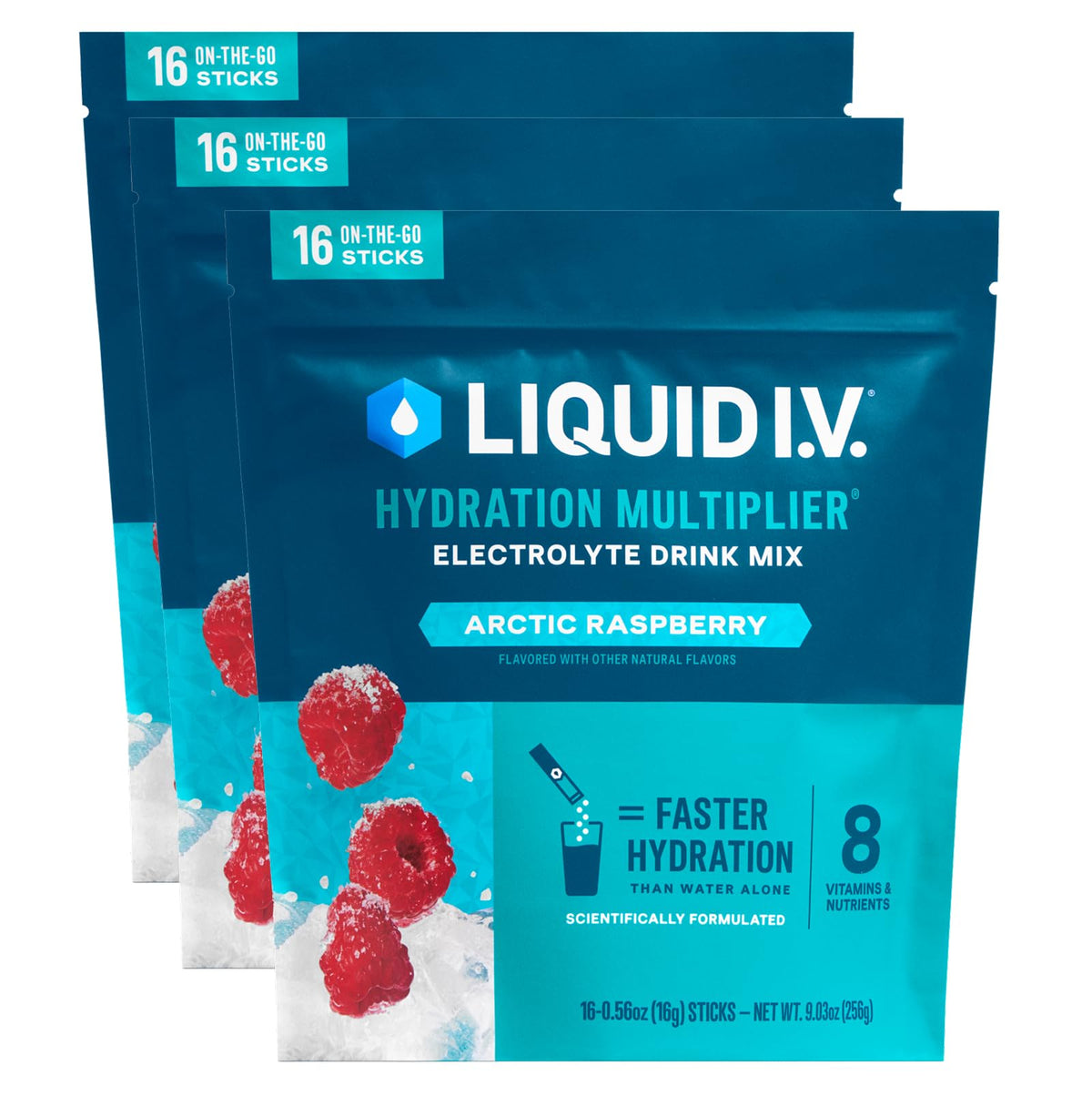 Liquid I.V. Hydration Multiplier Arctic Raspberry packet close-up for on-the-go hydration