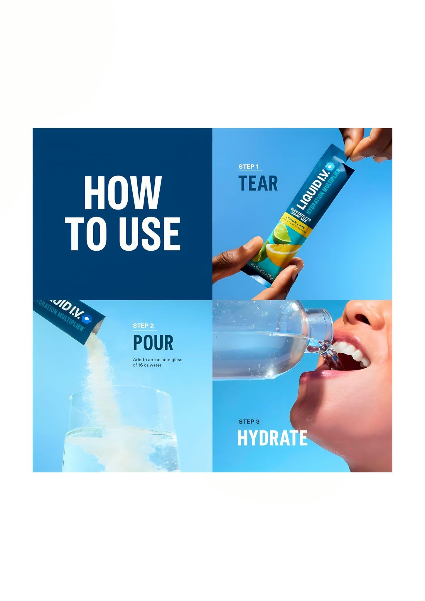 Product assembly showing Liquid I.V. Hydration Multiplier sticks and packaging