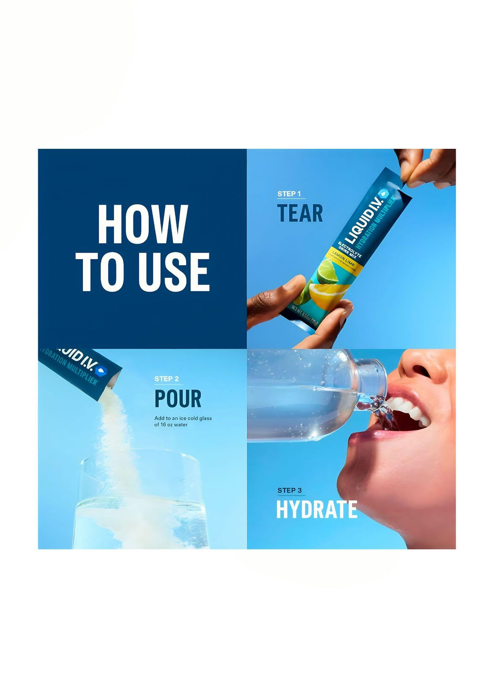 Product assembly showing Liquid I.V. Hydration Multiplier sticks and packaging