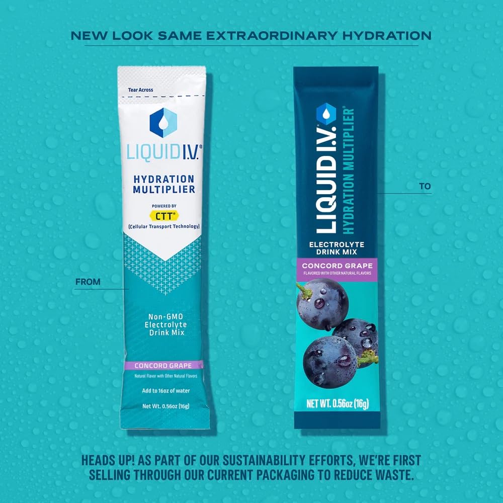 Liquid I.V. Concord Grape drink mix showing eight vitamins and electrolytes