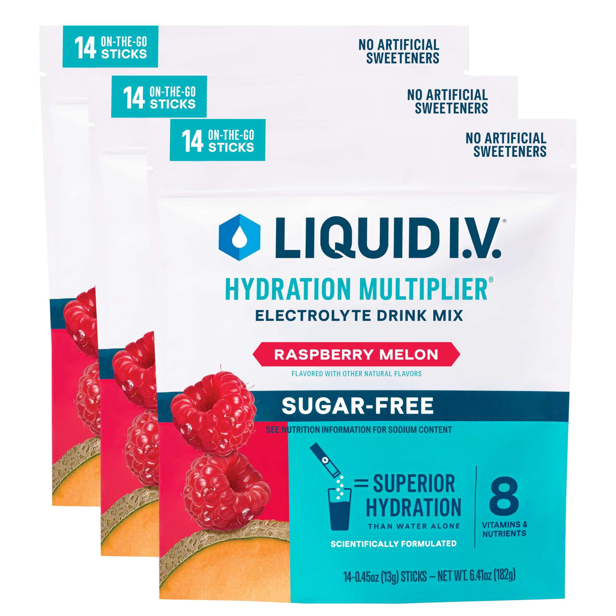 Liquid I.V. Hydration Multiplier Sugar-Free Raspberry Melon bottle pour for quick hydration