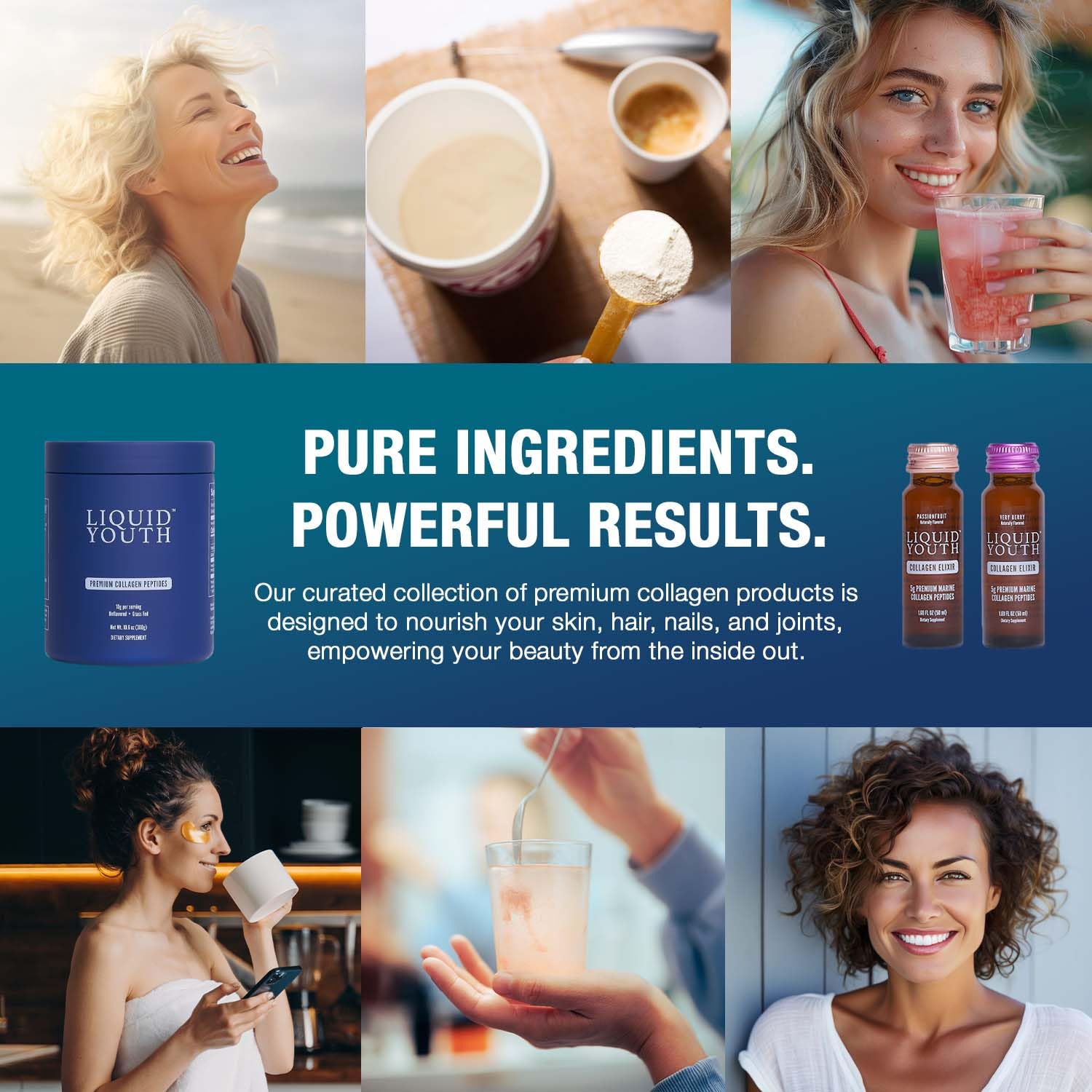 LIQUID YOUTH collagen powder ingredients graphic highlighting clean, non-GMO formula.