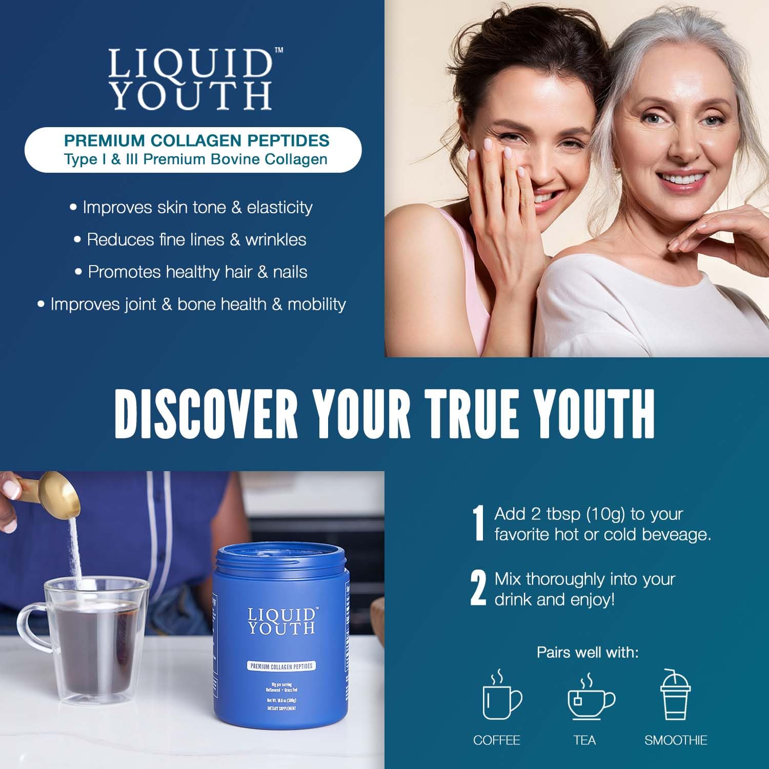 LIQUID YOUTH collagen powder mix-in glass highlighting versatile blending in beverages.