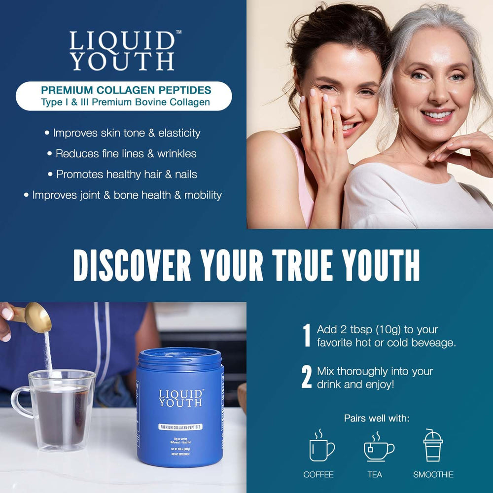 LIQUID YOUTH collagen powder mix-in glass highlighting versatile blending in beverages.