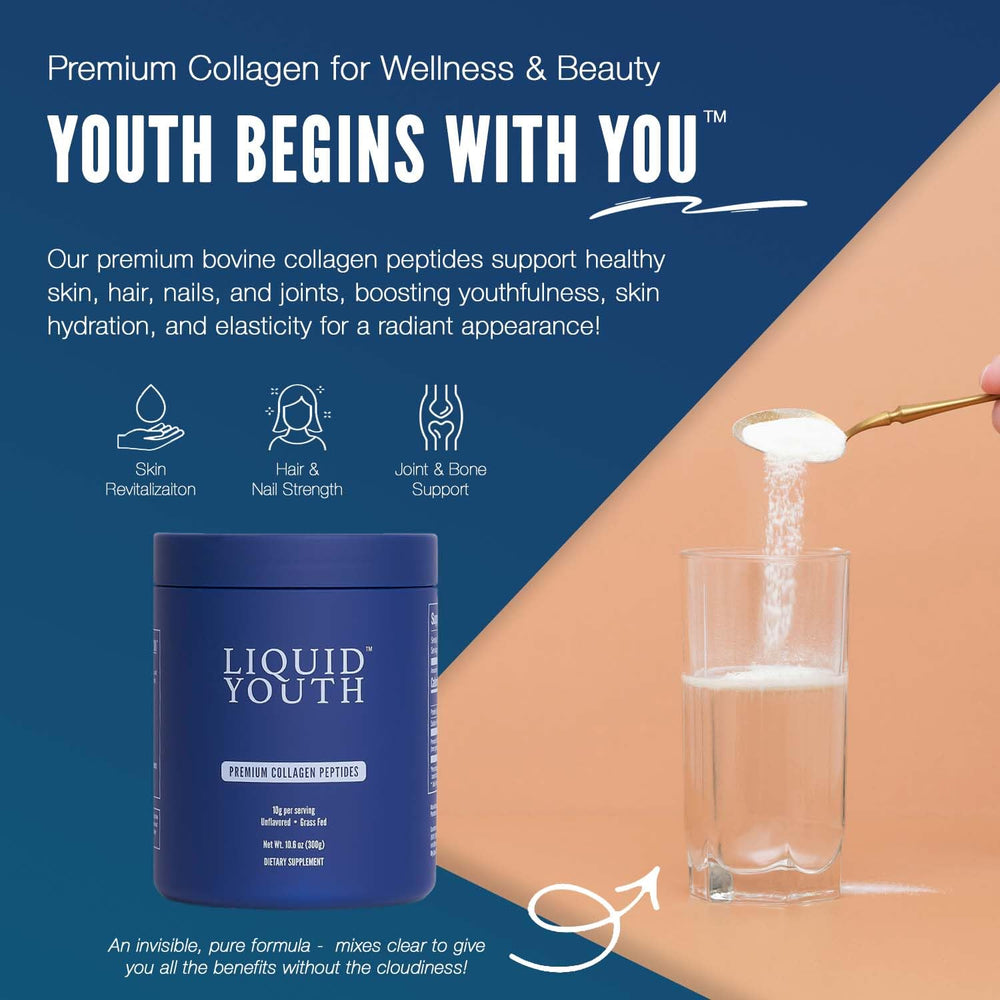 LIQUID YOUTH collagen powder scoop illustrating easy daily 10g serving.