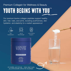 LIQUID YOUTH collagen powder scoop illustrating easy daily 10g serving.