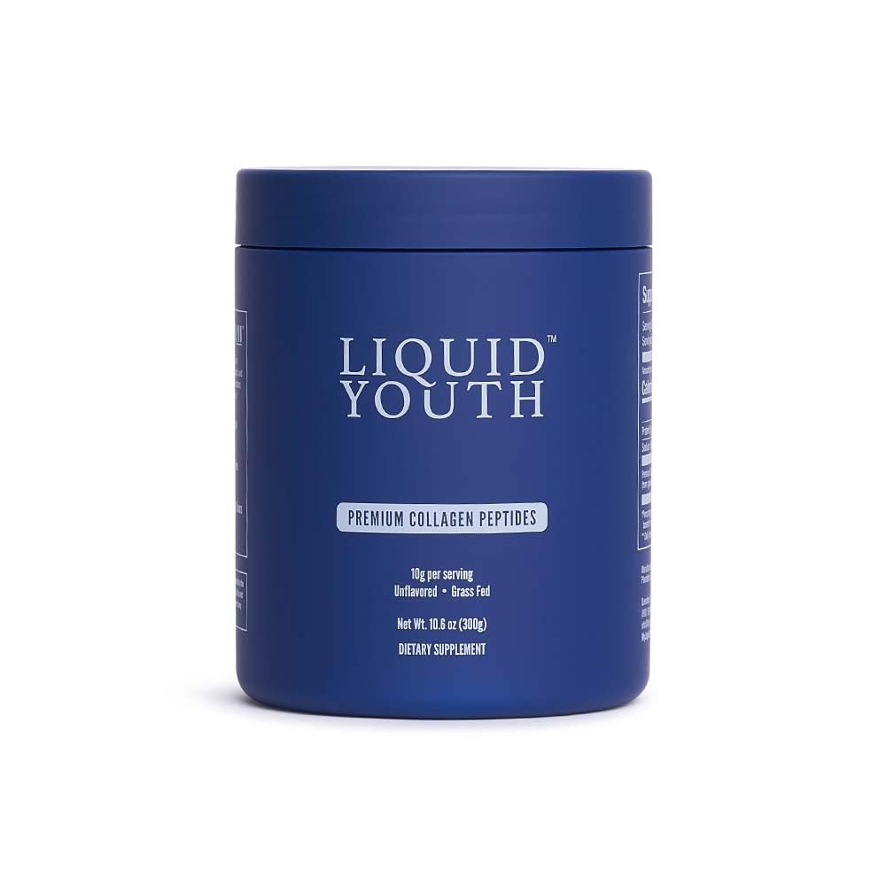 LIQUID YOUTH collagen powder tub showing premium formula for skin and joints.