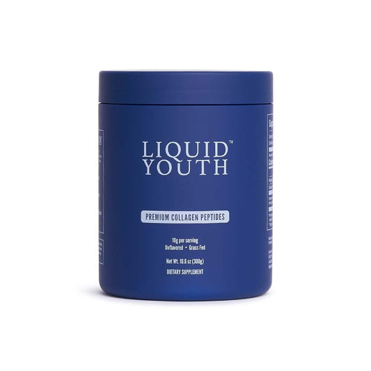 LIQUID YOUTH collagen powder tub showing premium formula for skin and joints.