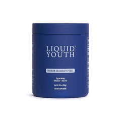LIQUID YOUTH collagen powder tub showing premium formula for skin and joints.