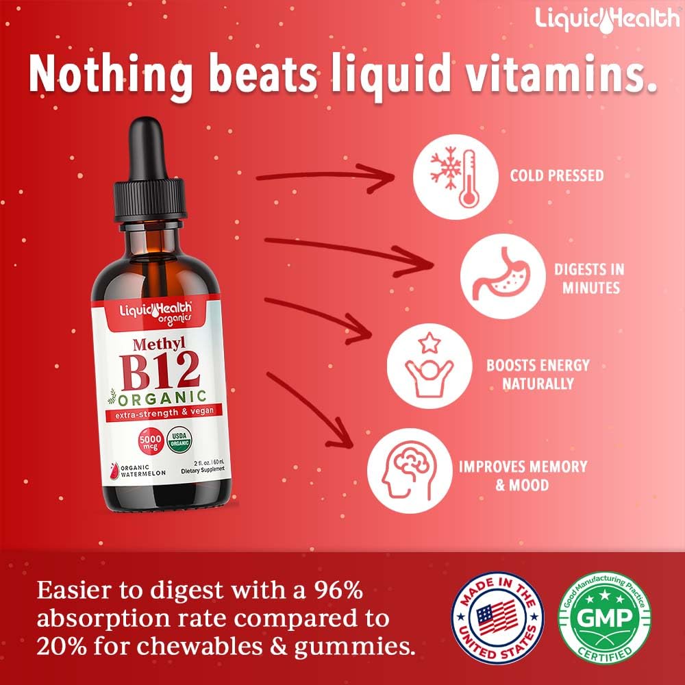 LIQUIDHEALTH B12 bottle closeup on organic formula.