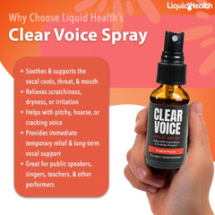 LiquidHealth Clear Voice spray dispensing nozzle close-up aiding quick soothing.
