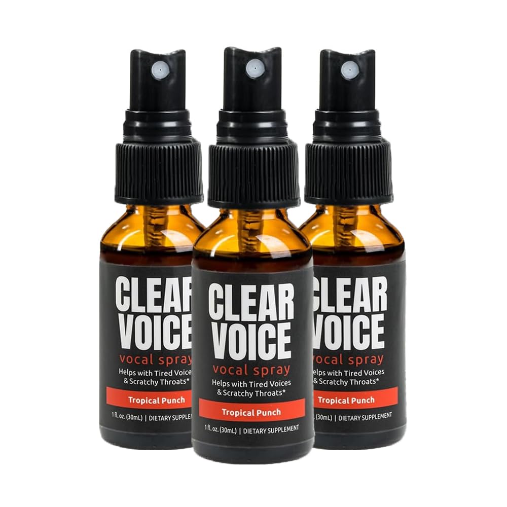 LiquidHealth Clear Voice Tropical Punch bottle for on-the-go throat relief during performances.