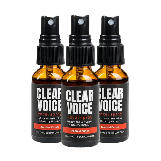 LiquidHealth Clear Voice Tropical Punch bottle for on-the-go throat relief during performances.