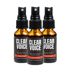 LiquidHealth Clear Voice Tropical Punch bottle for on-the-go throat relief during performances.