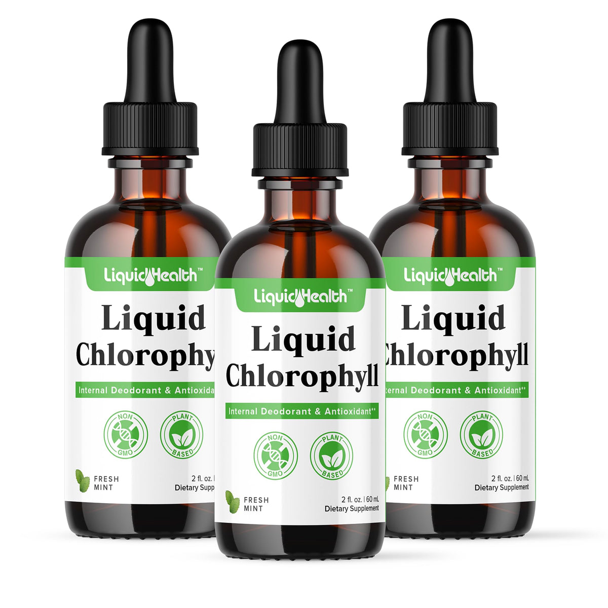 LIQUIDHEALTH Liquid Chlorophyll Drops bottle showcases detox and deodorizing benefits.