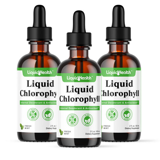 LIQUIDHEALTH Liquid Chlorophyll Drops bottle showcases detox and deodorizing benefits.