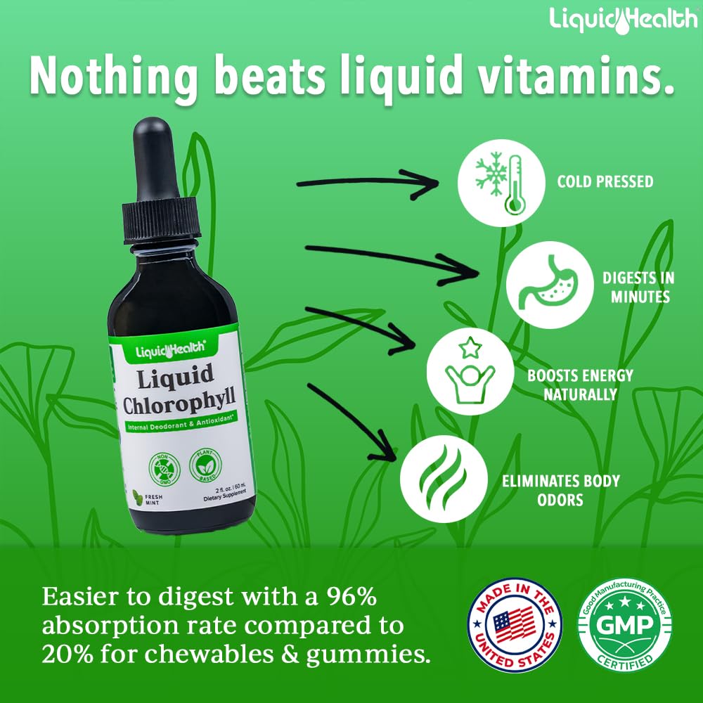 LIQUIDHEALTH Liquid Chlorophyll Drops dropper enables easy dosing and fast absorption.