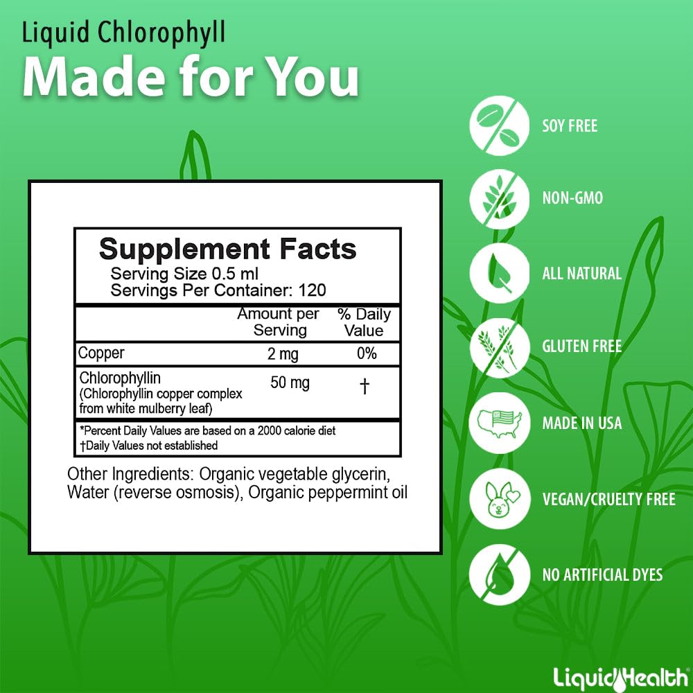 LIQUIDHEALTH chlorophyll drops with water for a refreshing cleansing routine.