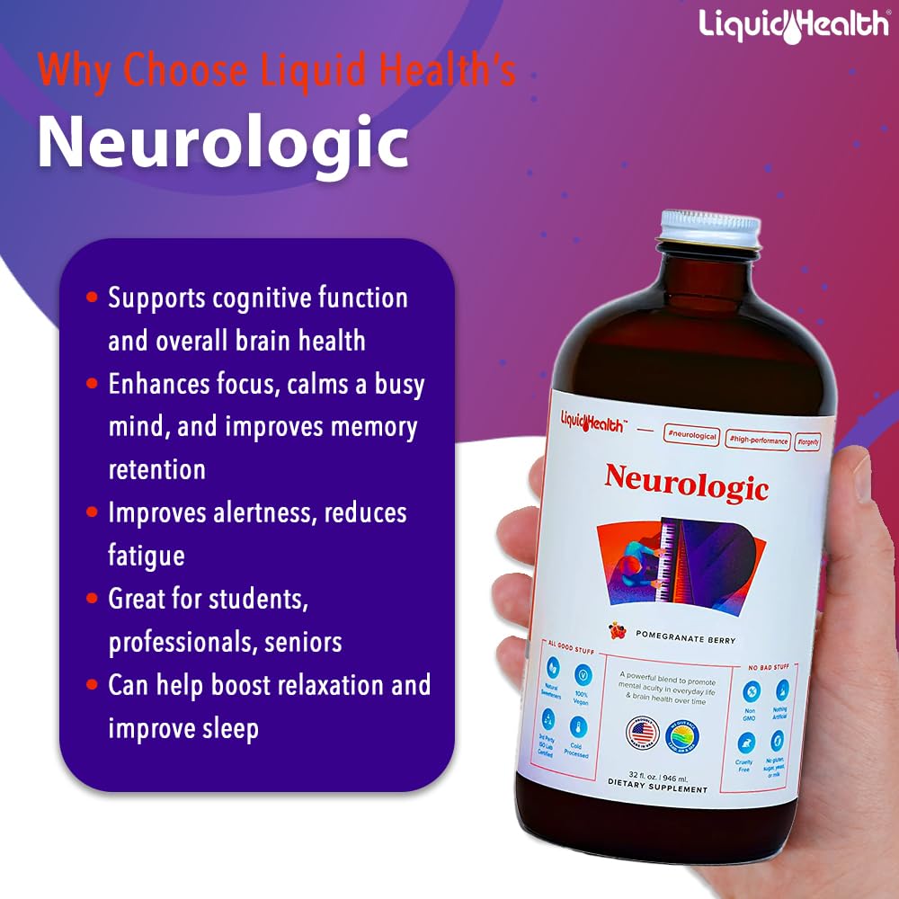 LIQUIDHEALTH Neurologic Focus in glass supports consistent daily dosing for memory.