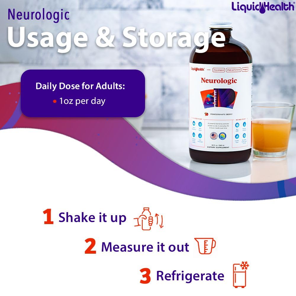 LIQUIDHEALTH Neurologic Focus label showcases clean ingredients and USA-made quality.