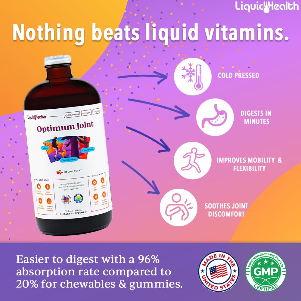 LIQUIDHEALTH Optimum Joint bottle label highlighting ingredients and gluten-free formula