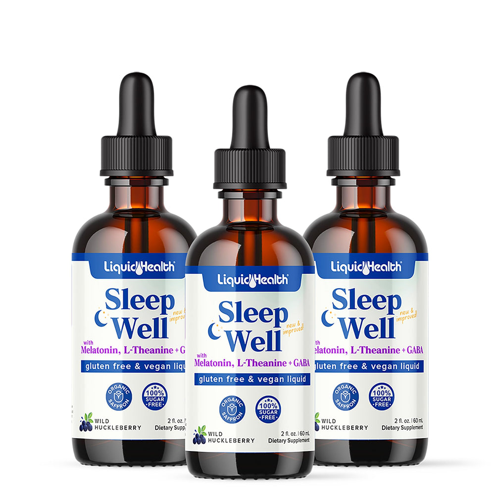 LIQUIDHEALTH Sleep Well Drops bottle promotes calm nights and relaxed routine.