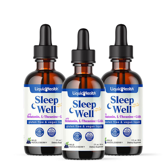 LIQUIDHEALTH Sleep Well Drops bottle promotes calm nights and relaxed routine.