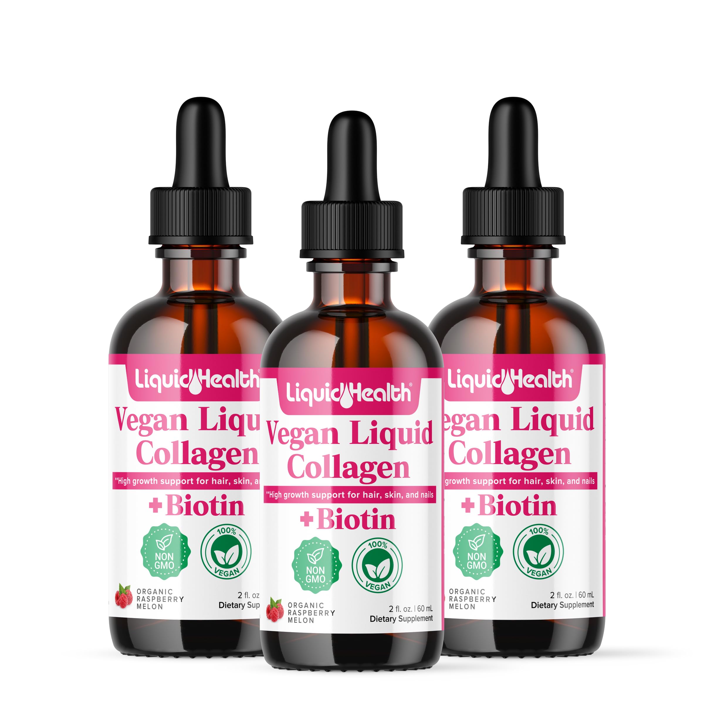 LIQUIDHEALTH vegan collagen drops bottle highlights plant-based formula for hair and skin support